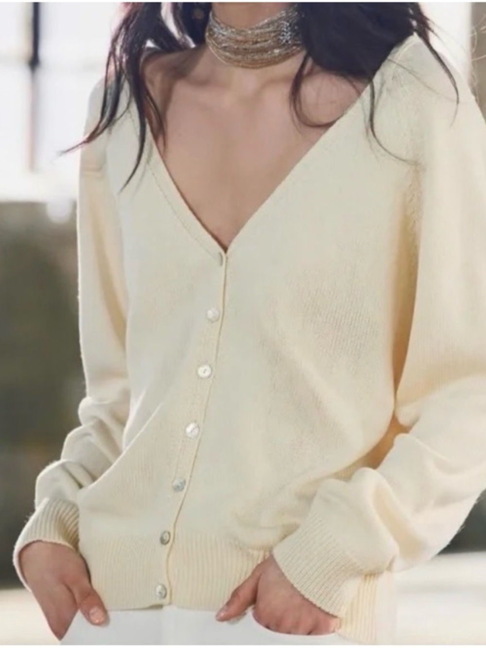 Zara V-Neck Cream Button Up Front & Back Knit Sweater
